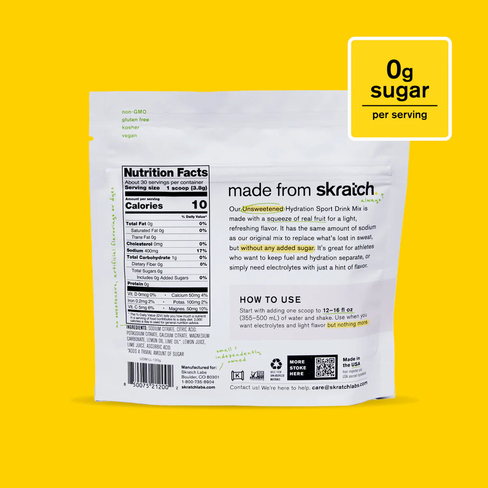 Skratch Unsweetened Hydration Drink Mix, Lemon & Lime 30-Serving Resealable Bag