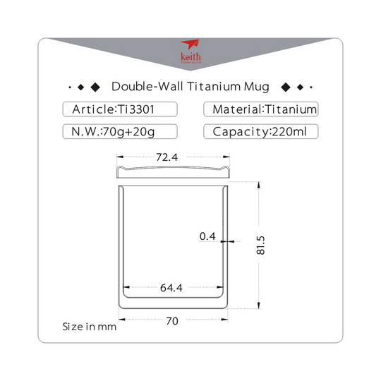 Keith Titanium Double-Wall Titanium Mug with Lid 220ml