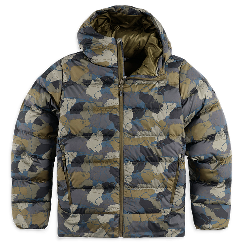 OUTDOOR RESEARCH Mens Coldfront Down Hoodie Loden Camo