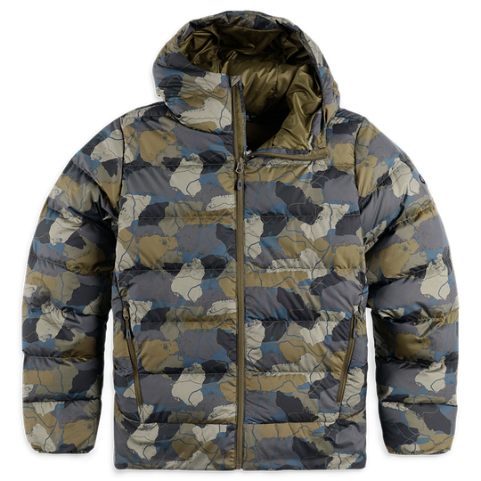 OUTDOOR RESEARCH Mens Coldfront Down Hoodie Loden Camo