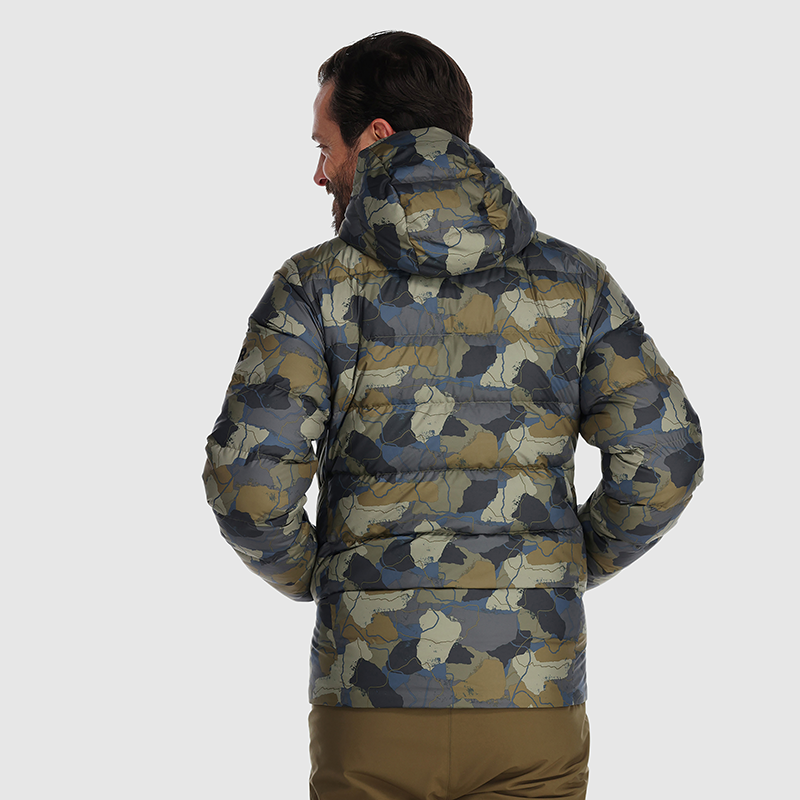 OUTDOOR RESEARCH Mens Coldfront Down Hoodie Loden Camo