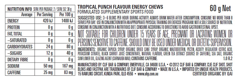 CLIF SHOT BLOKS TROPICAL PUNCH CAFFEINE 60g
